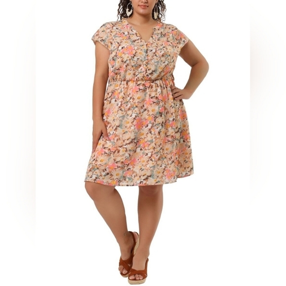 Agnes Orinda Dress Plus Size 3X Brown Beige Floral Print Tie Waist Office Work