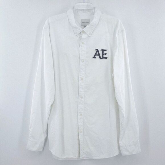 American Eagle Oxford Shirt Mens Size XXL White Button Up Embroidered Patch Work