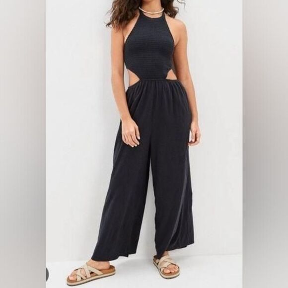 American Eagle Smocked Cut Out Halter Wide Leg Jumpsuit Womens XXL Gray Cotton
