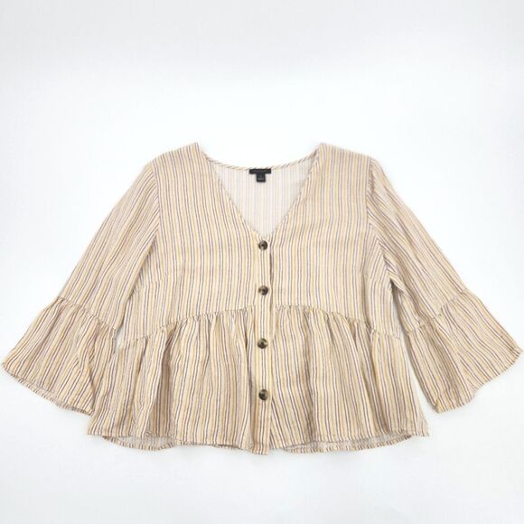 Ann Taylor Factory Blouse Top Womens Size Medium Bell Sleeve Stripes Linen Boho