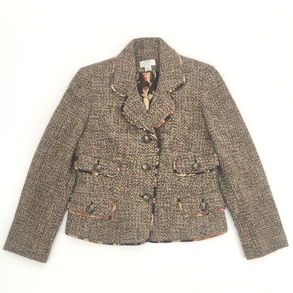 Ann Taylor Petites Blazer Suit Jacket 6P Brown Tweed Floral Trim 4 Pockets