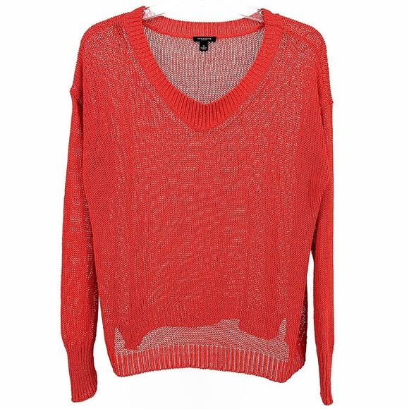 Ann Taylor Sweater Women Size Small Orange Loose Knit Mesh V Neck Fisherman Core