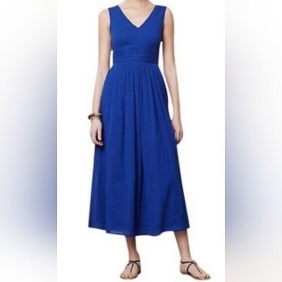 Anthropologie Edme & Esyllte Blue Caravia V Neck Flowy Midi Dress Womens Size 2