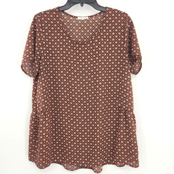 Anthropologie Pleione Peplum Tunic Top Blouse Womens Size Large Floral Boho Work