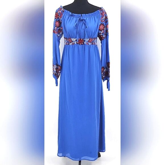 Anthropologie RD + Koko Maxi Dress Small Blue Floral Embroidery Off Shoulder