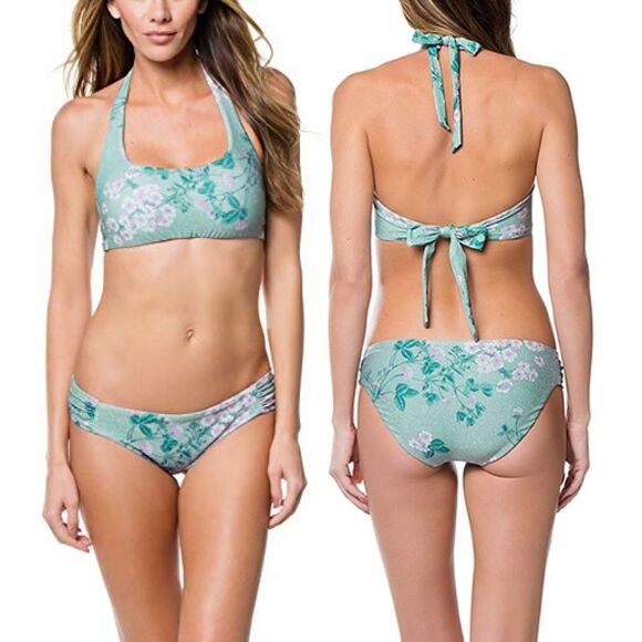 BECCA Women’s Mojito Serene Metallic Floral Print Halter Bikini Large Green