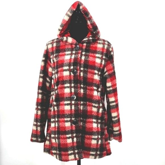 Big Chill Plaid Hooded Sherpa Teddy Pea Coat Women’s Small Red Black & Beige
