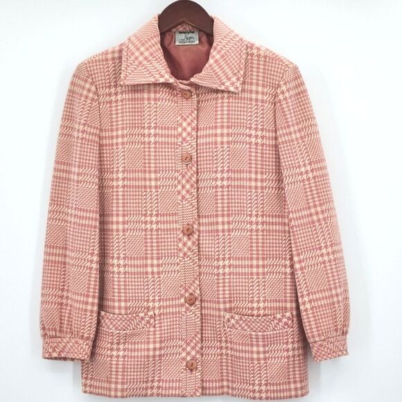 Bleyle for Hooper PeaCoat Womens 14 Pink Houndstooth 100% Virgin Wool Retro Glam