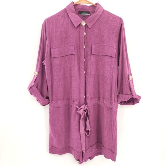 Blue Blush Romper Womens Size Small Purple Roll Tab Sleeves Summer Travel Vacay