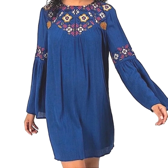 Blue Rain Bell Sleeve Dress Size Small Blue Floral Embroidery Cottage Peasant