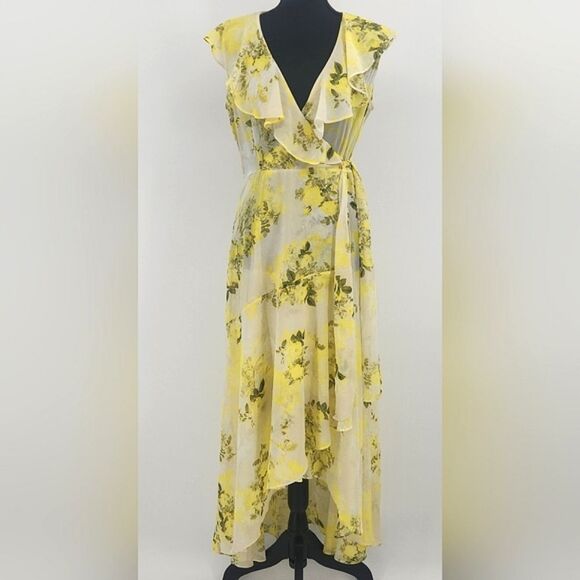 Calvin Klein Sheer Maxi Dress Size 6 Yellow Floral Chiffon High Low Faux Wrap