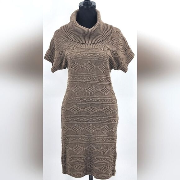 Calvin Klein Sweater Dress Tunic Size XS Extra Oat Small Brown Cowl Short Sleeve