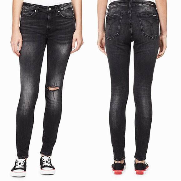 Calvin Klein Women’s Mid Rise Super Skinny Ripped Distressed Skinny Jeans 26×30