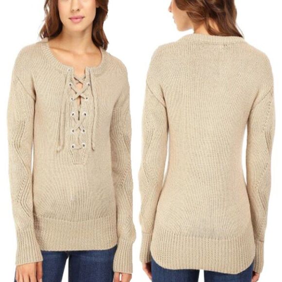 Capulet Brighton Henley Lace Up Chunky Knit Sweater Beige M