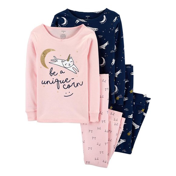 Carters Girl’s 4pcs Unicorn Cat Snug Fit Cotton Pajamas PJs 2T 3T Pink Navy Blue