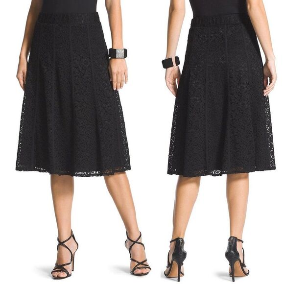Chico’s Black Floral Lace Flared A Lined Skirt Women’s Size 0