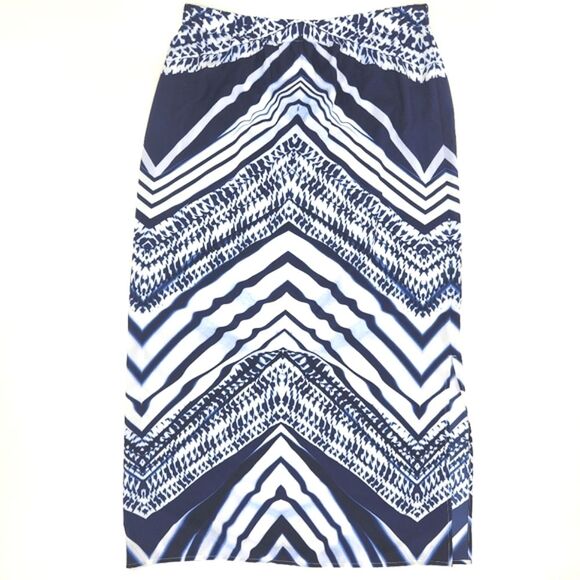 Chico’s Chevron Stripe Maxi Skirt Size 0 Womens Blue White Art Print Side Slit