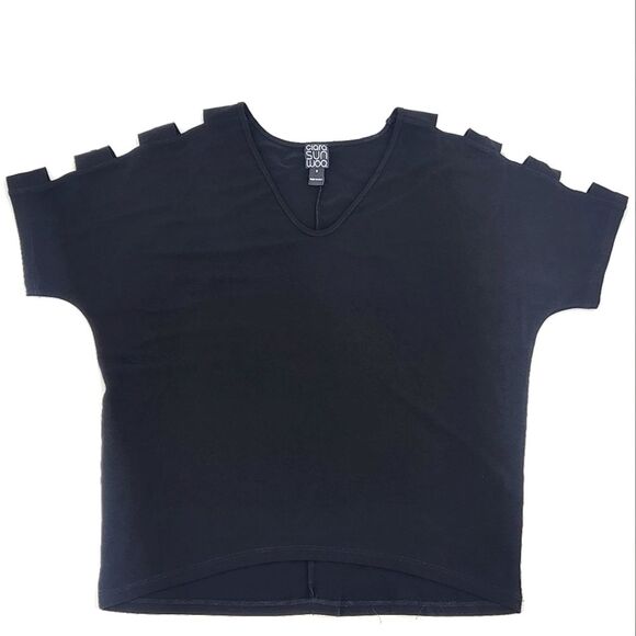 Clara Sun Woo Blouse Shirt Size Small Black Art-to-Wear 3/4 Cut-Away Sleeves Top