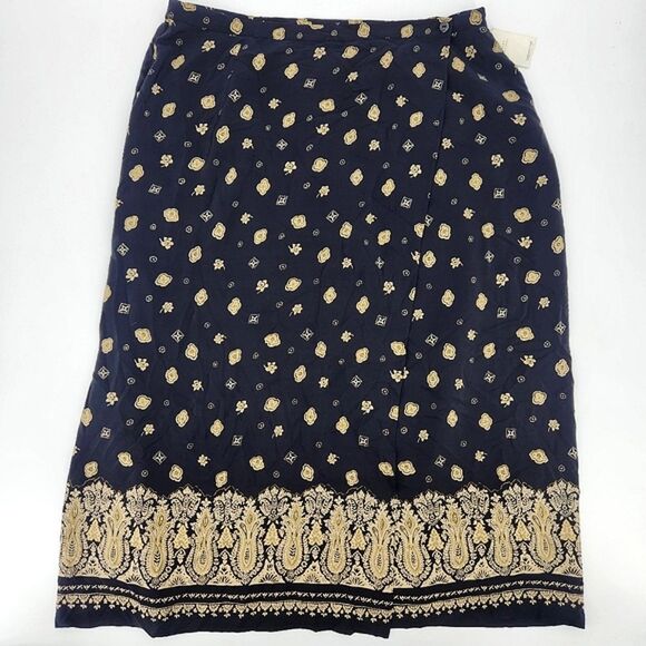 Coldwater Creek Silk Midi Maxi Skirt Size 2X Womens Black Beige Faux Wrap