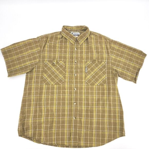 Columbia Shirt Large Mens Yellow Brown Madras Plaid Short Sleeve Button Up Camp