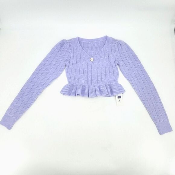 Crop V Neck Sweater Womens Size Small  Chunky Cable Knit Ruffle Light Academia