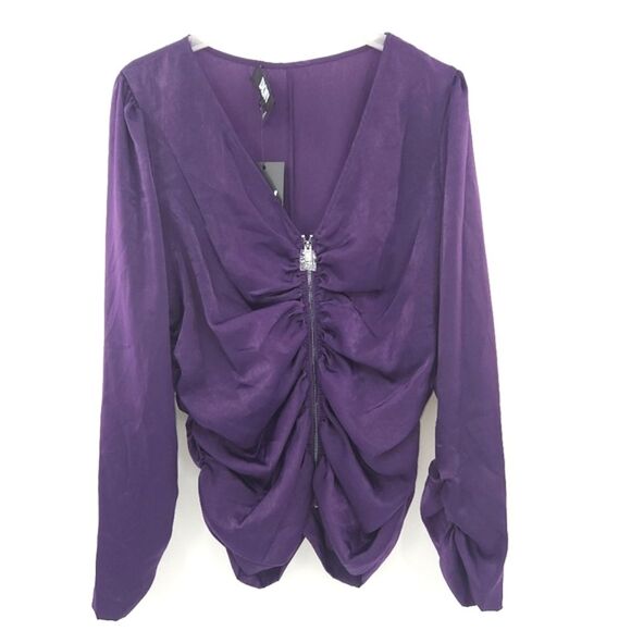 DKNY Zip Front Long Sleeve Satin Top Womens Size Large Purple Vampire Goth Edgy
