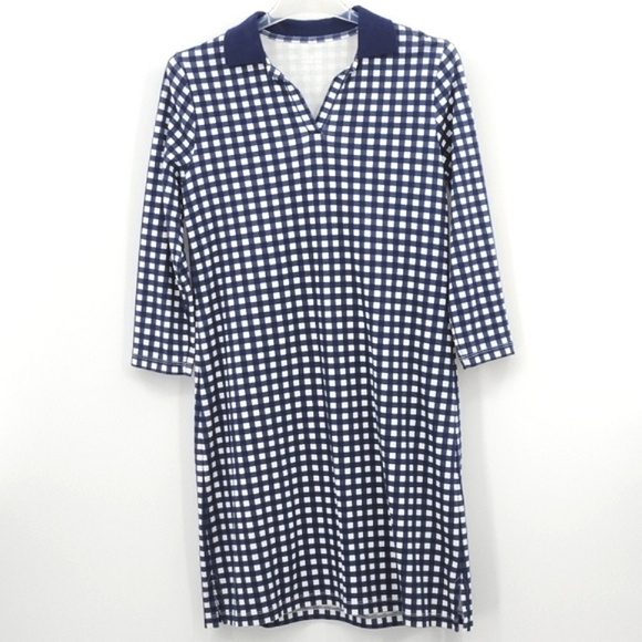 Draper James x Lands End Polo Dress Size Small Blue Gingham 3/4 Sleeves Preppy