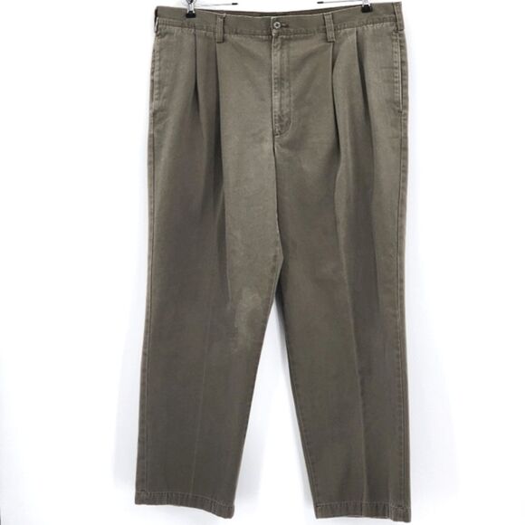 Eddie Bauer Dress Pants 40×30 Khaki Green Mens Pleated Front Straight Leg Cotton
