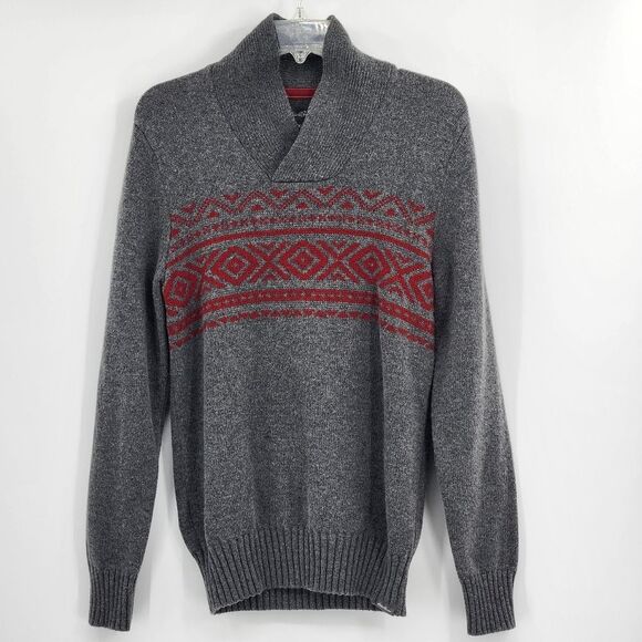 Eddie Bauer Sweater Size Small Mens Gray & Red Wool Blend Shawl Collar Fair Isle