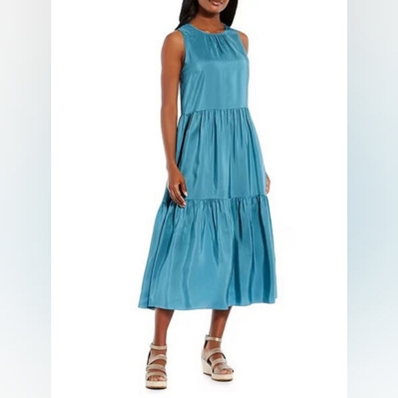 Eileen Fisher Tiered Midi Dress Size XL Blue Silk Cottagecore Ethereal Elegant