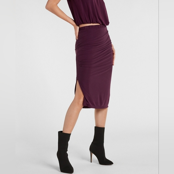 Express Ruched Pencil Skirt Size Large Purple Slinky High Waist Knee Length Boho