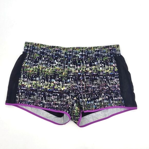 Fabletics Women Large Colorful Print Athletic Running Track Shorts Black Purple