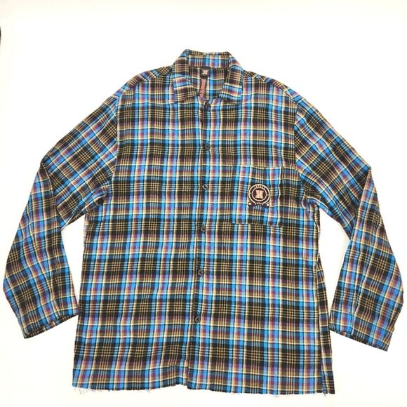 Fenty x Savage Tied Up Tartan Plaid PJ Frayed Shirt Mens Small Blue Purple Black