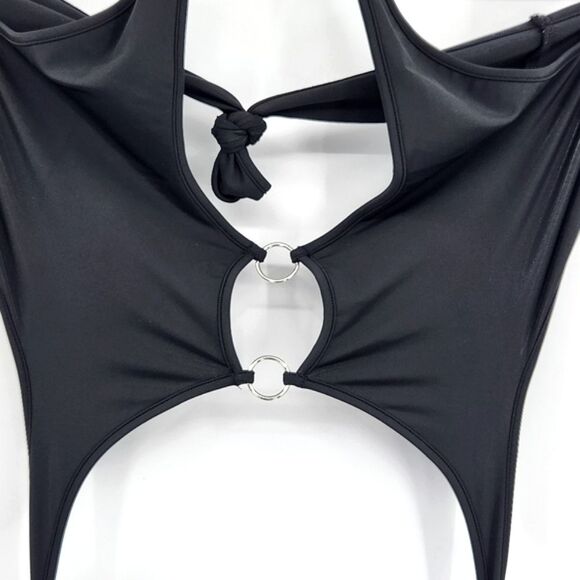 Finesse O-Ring Cutout Halter Stretch Tie Back Jumpsuit Womens Plus Size 3X Black