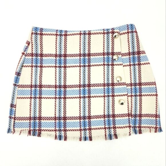Forever 21 Faux Wrap Mini Skirt Size Small Plaid Check Wool Blend Light Academia