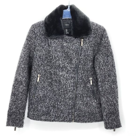 Forever 21 Heavy Moto Jacket Womens Size Small Faux Fur Wool Blend Biker Baddie