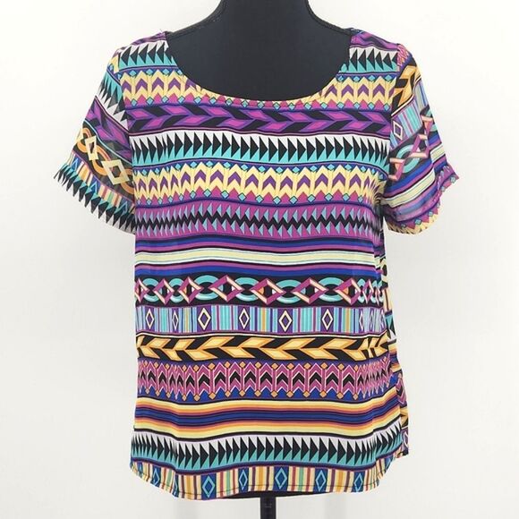 Forever 21 Multicolor Tribal Geometric Print Sheer Top Blouse Women’s Size Small
