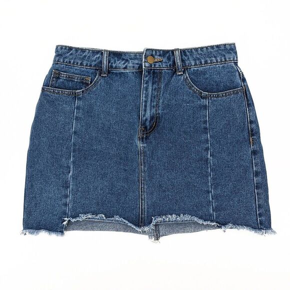 Forever 21 Women’s Fringe Hem Blue Denim Jean Mini Skirt Size Large