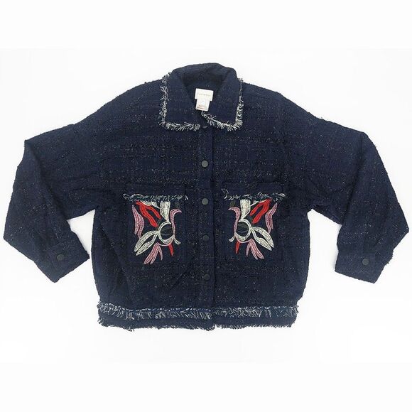 Foxiedox Women’s Floral Embroidered Tweed Fringe Jacket Navy Blue Size Large
