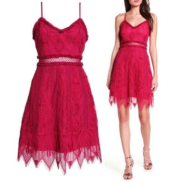 Foxiedox Women’s Gloria Pink Lace Ruffle V neck Minidress Medium Pink
