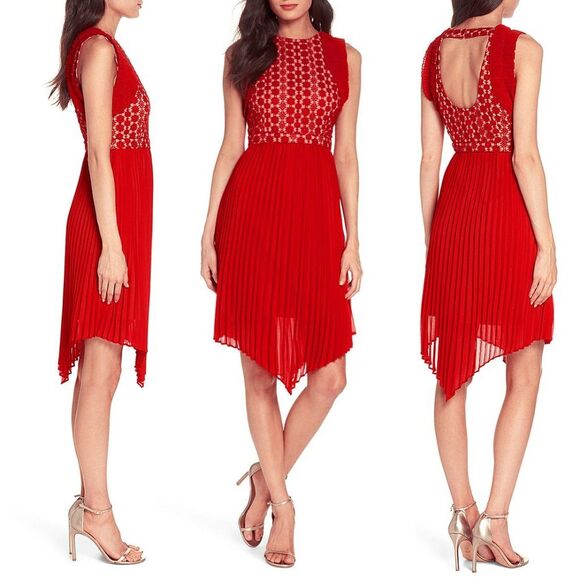 Foxiedox Women’s Nealea Pleated Floral Lace Saffron Red Dress Medium