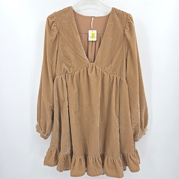 Free People Estella Velvet Babydoll Mini Dress Womens Size Large Tan Brown Boho