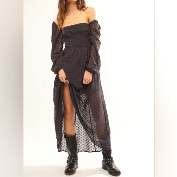 Free People Malina Maxi Dress Black Embroidered Eyelet Dark Cottagecore Peasant