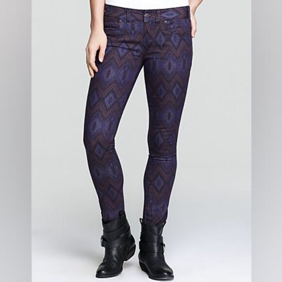 Free People Millenium Purple Ikat Print Skinny Denim Jeans Womens Size 28