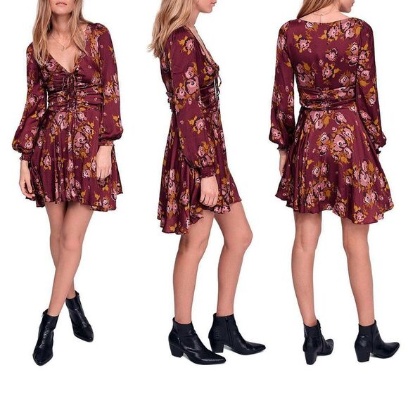 Free People Morning Light Mini Dress Size 2 Burgundy Red Long Sleeves Bow Tie