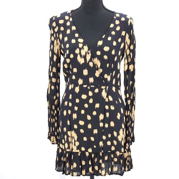 French Connection Geriel Printed Drape Dress Size 6 Womens Black Brown Faux Wrap