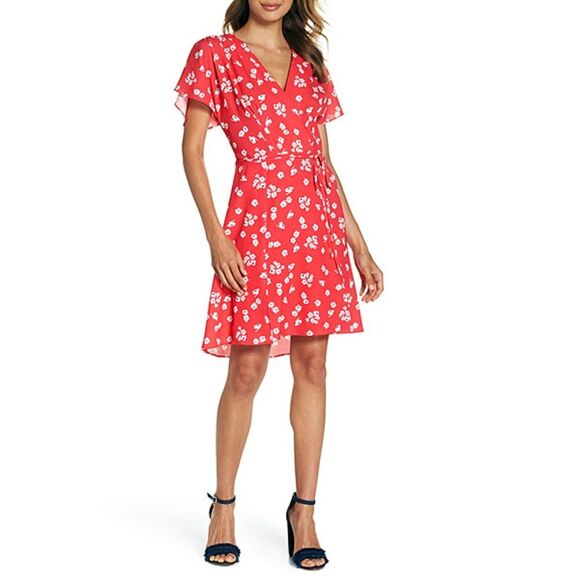 French Connection Women’s Verona Saffron Red Floral Wrap Dress Size 0