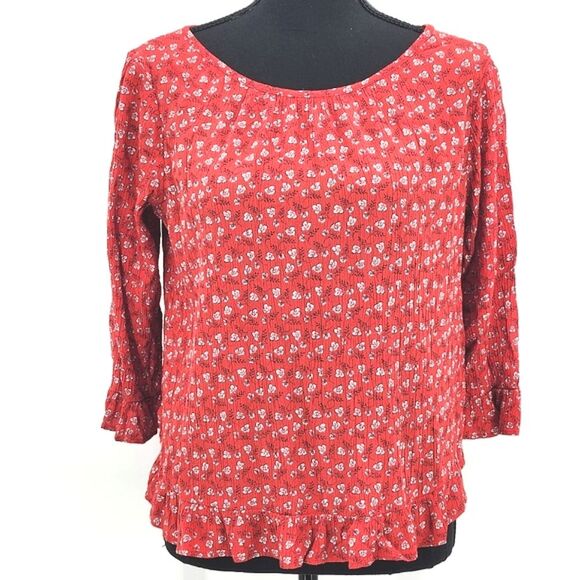 Gap Blouse Top Womens Small Red Floral 3/4 Sleeves Hem Shirred Peasant Prairie