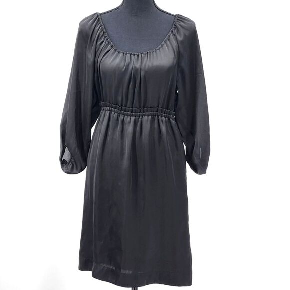 H&M Elastic Empire Waist 3/4 Sleeve Black Satin Dress Women’s Size 6
