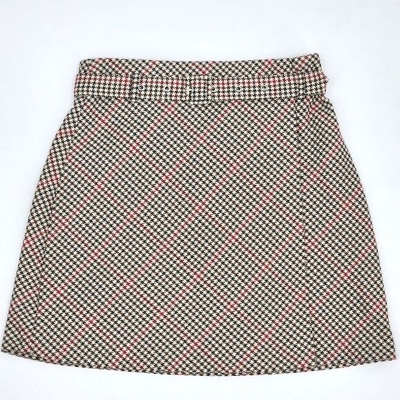 H&M Houndstooth Checked Plaid A-line Belted Skirt Womens Size 6 Red Brown Black